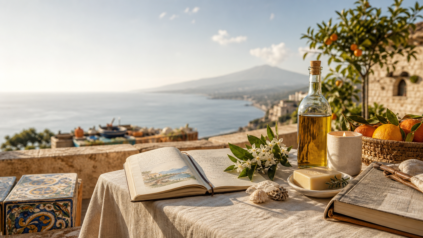 Sunlit Sicilian terrace with cookbook and ritual goods